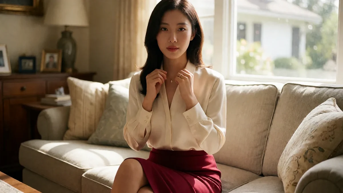 还得是人妻少妇主题图：成年女性在客厅穿米色衬衫和酒红半裙，整理项链