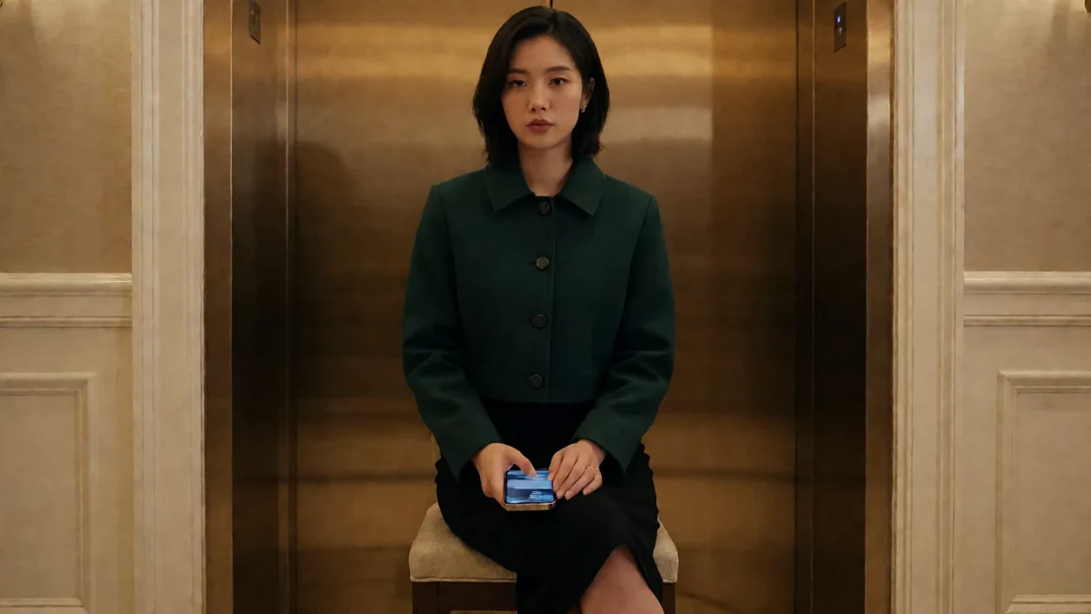 还得是人妻秘密约会主题图：成年女性穿深绿色外套坐在酒店电梯前看手机