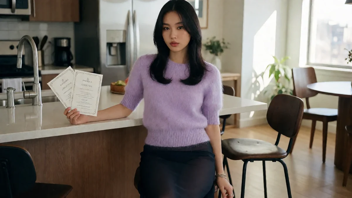 还得是人妻周末主题图：成年女性在公寓厨房穿浅紫色上衣，拿着两张请柬