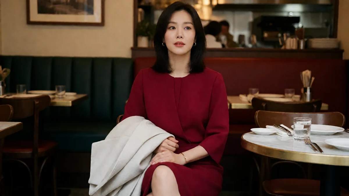 还得是人妻餐厅主题图：成年女性穿酒红长裙坐在晚间餐厅，腿上搭着浅色外套