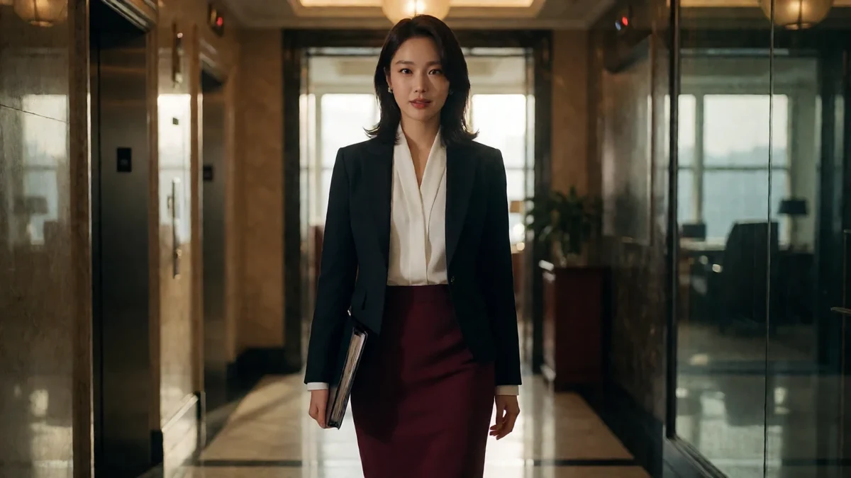 还得是人妻女经理主题图：成年女性穿白衬衫和深色西装，在下班后的办公室走廊拿文件