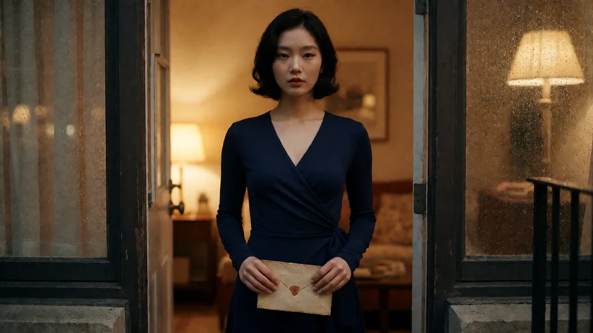 还得是人妻旧信主题图：成年女性穿深蓝裙站在公寓门口，双手拿旧信封
