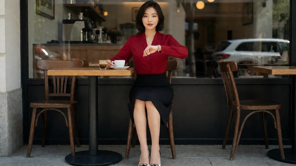 还得是人妻咖啡馆主题图：成年女性穿暗红上衣和黑色半裙，坐在咖啡馆看时间