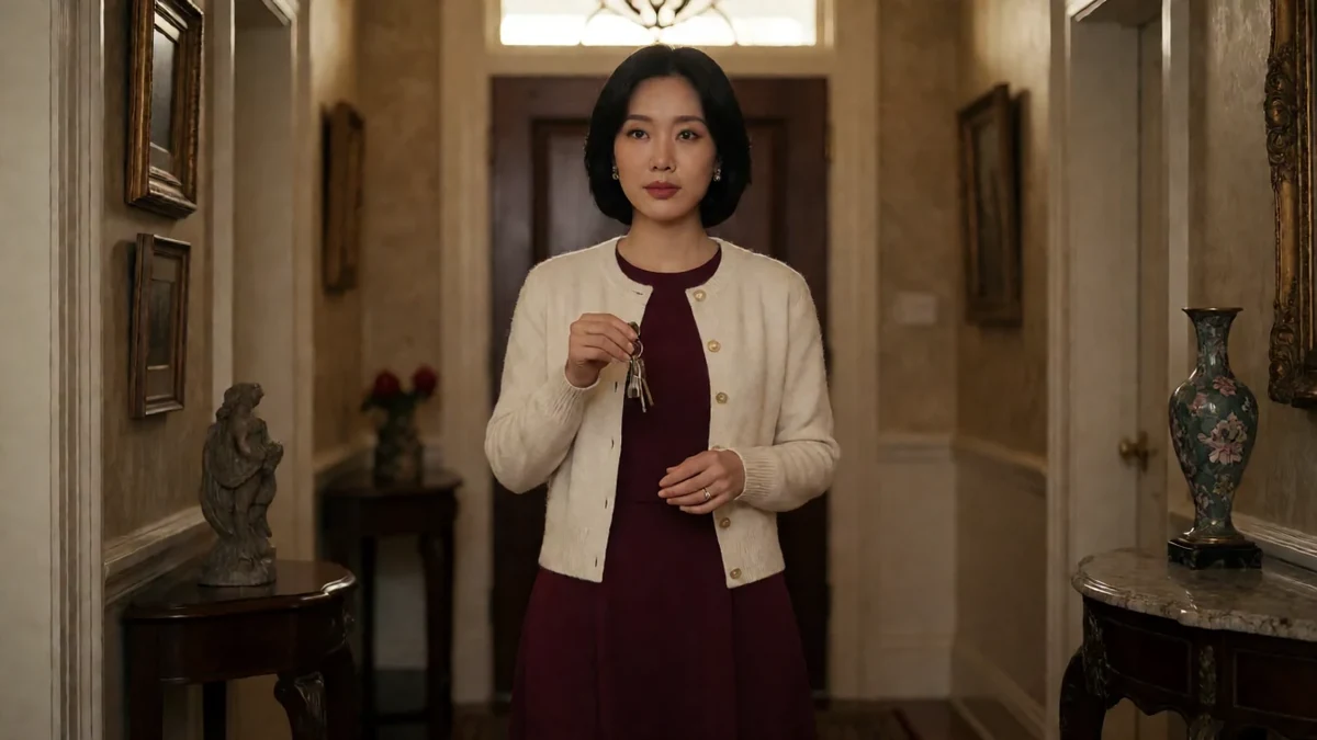 还得是人妻清晨归家主题图：成年女性穿米色开衫和酒红裙，在家中玄关放下钥匙