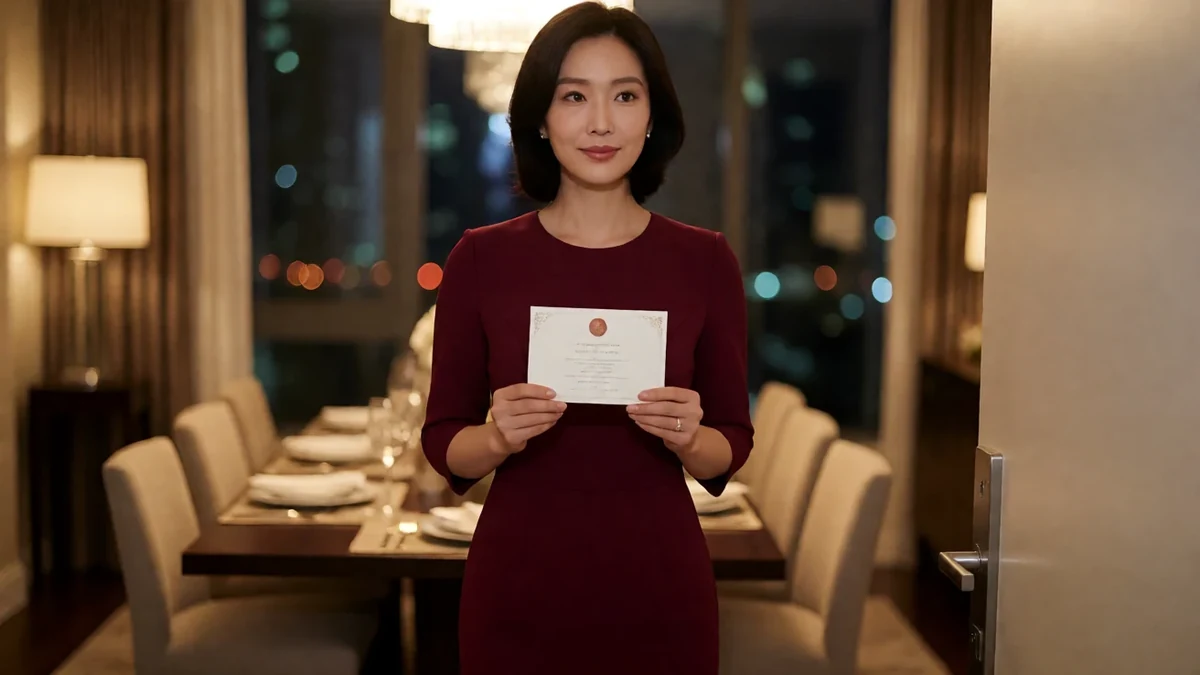 还得是人妻人物主题图：成年女性穿酒红色连衣裙站在公寓餐厅，手持白色邀请卡